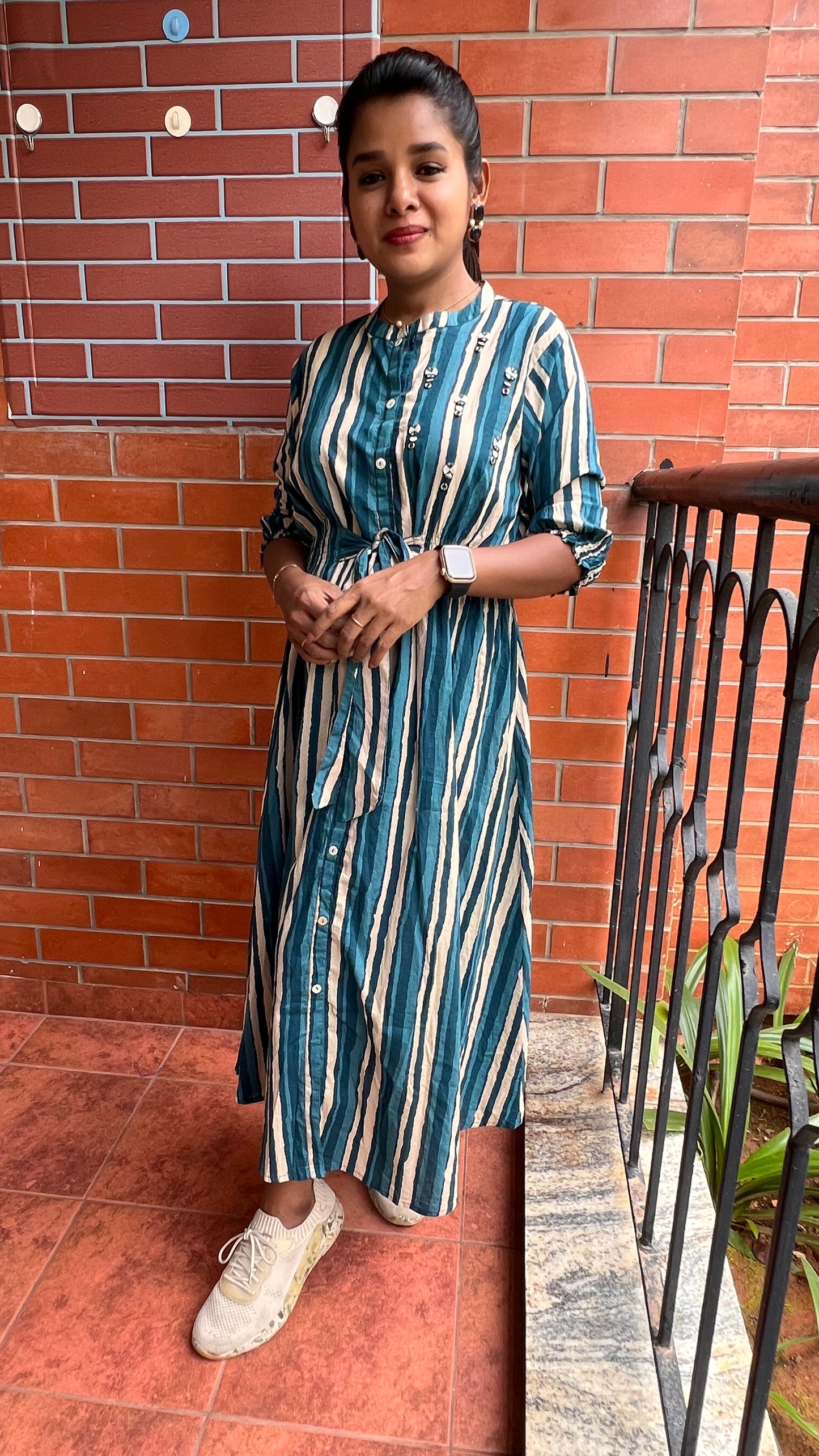 Blue and white stripe embroidery hand worked kurti top - Threads