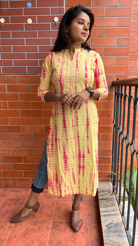 Yellow and red pure shibori embroidery kurti top - Threads