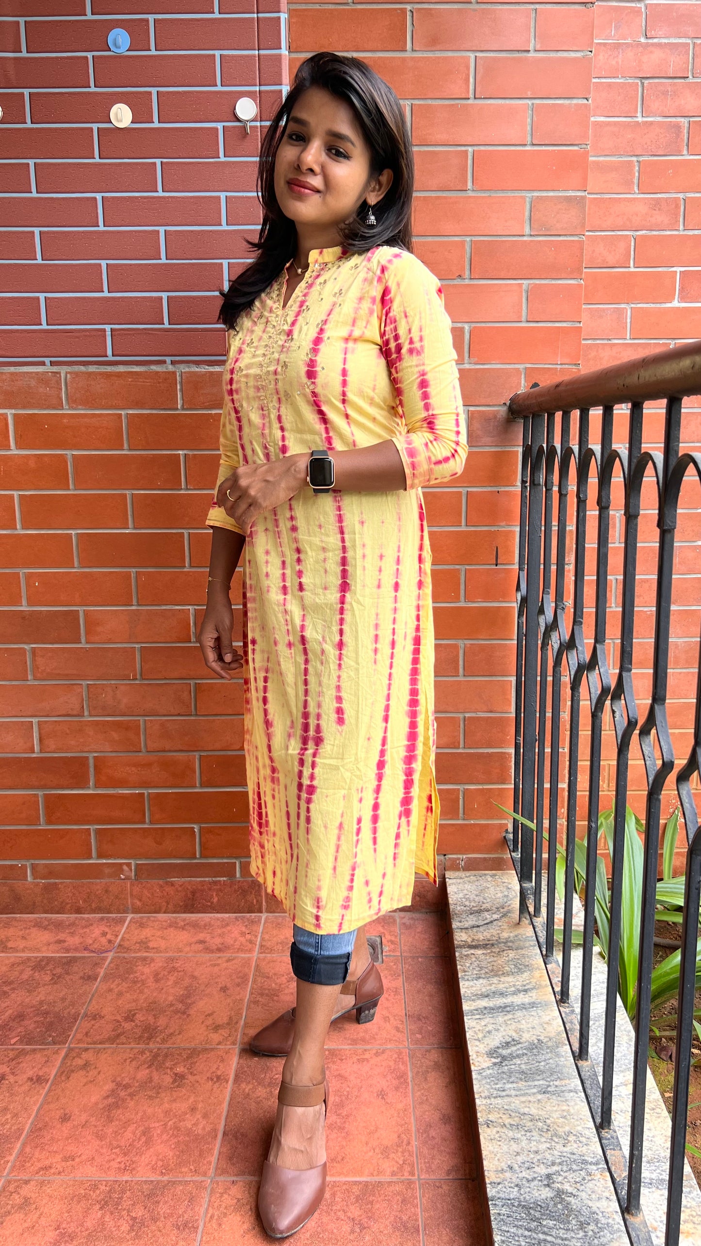 Yellow and red pure shibori embroidery kurti top - Threads