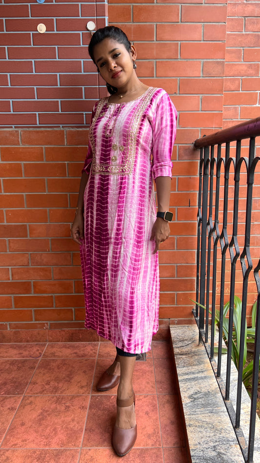 Pink and white pure shibori embroidery kurti top - Threads