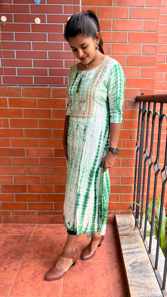 Green and white pure shibori embroidery kurti top - Threads