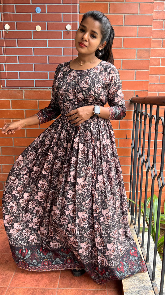 Pure muggu silk rose floral embroidery gown - Threads