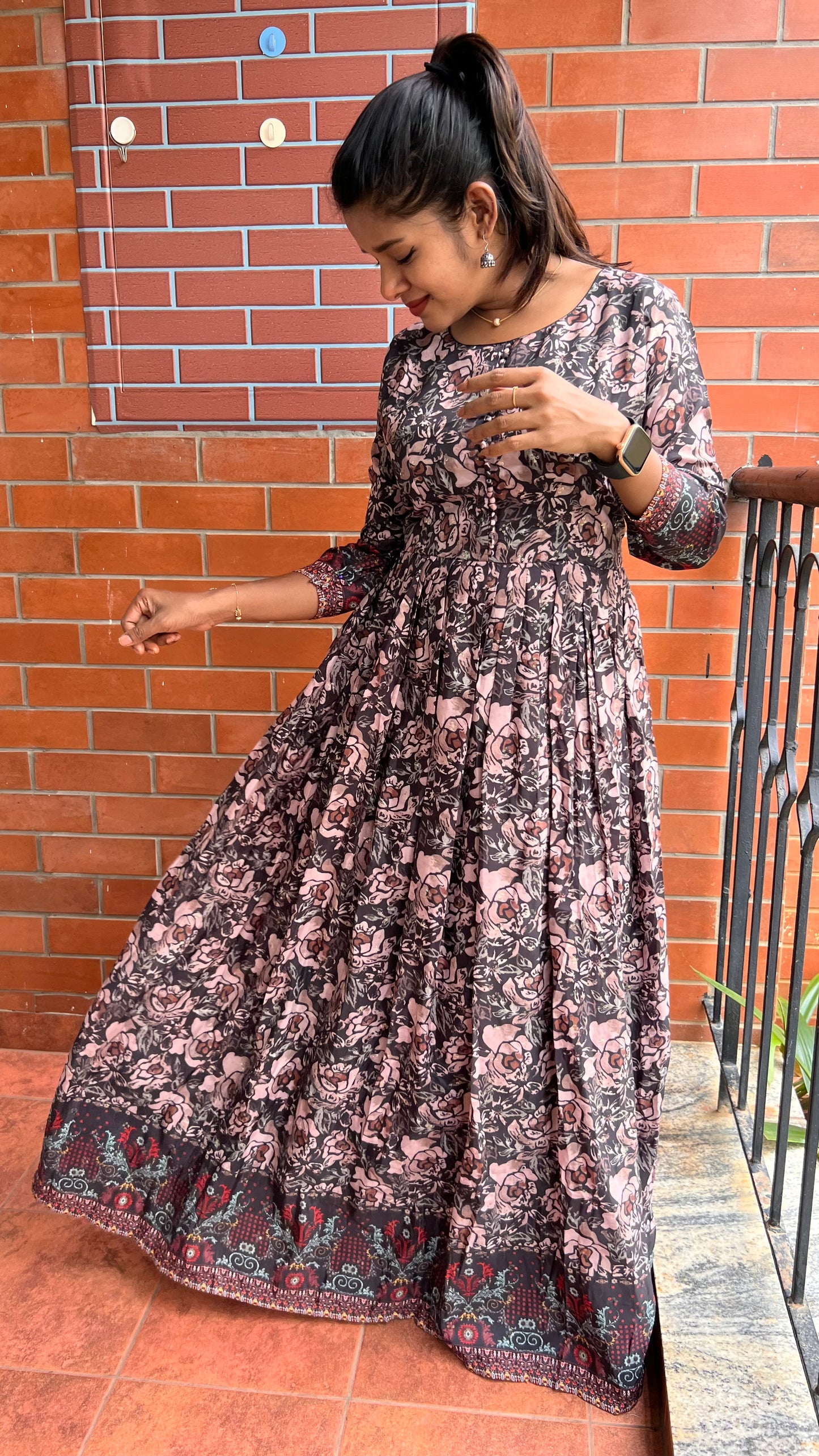 Pure muggu silk rose floral embroidery gown - Threads