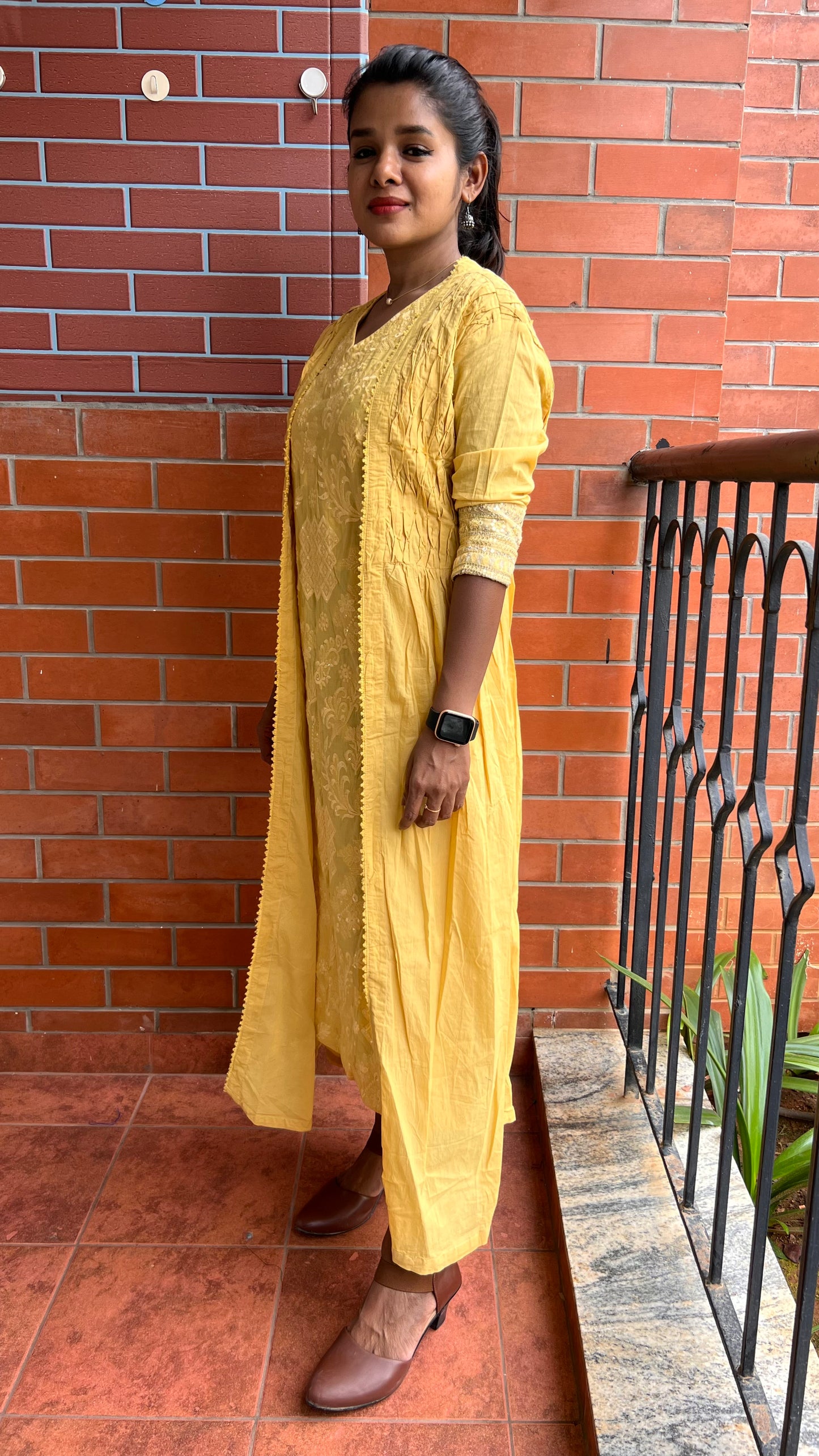 Yellow floral embroidery hand worked gown - Threads