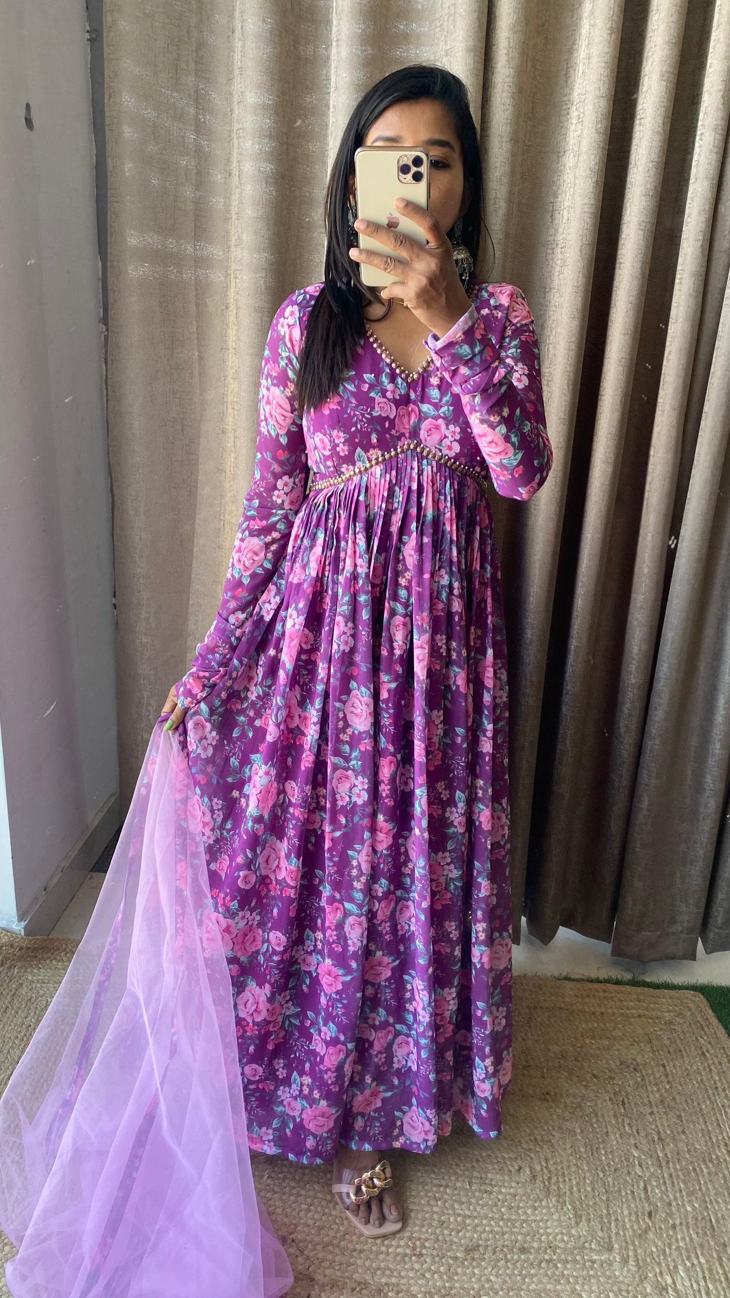 Purple floral georgette full length kurti dress