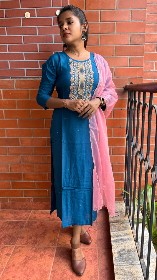 Prussian blue embroidery hand worked 2 piece kurti set - Threads