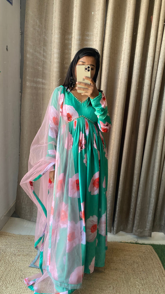 Sea green salwar suit of hand worked top and Duppata