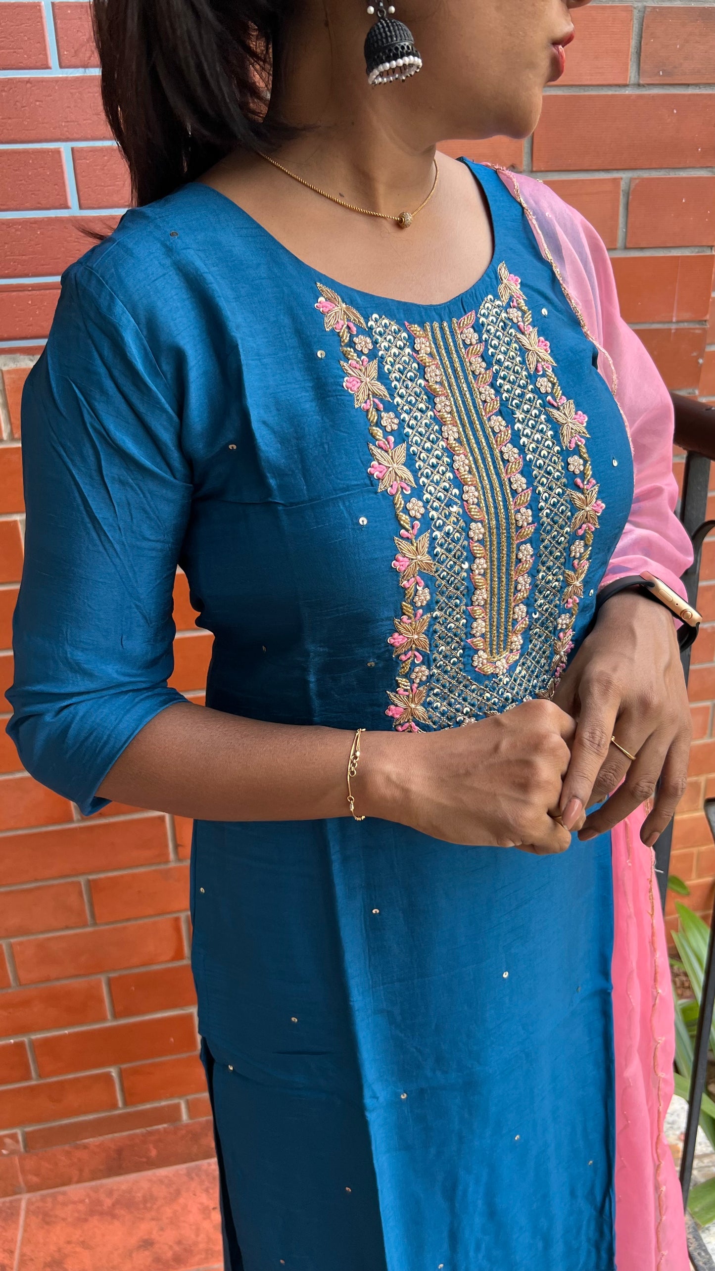 Prussian blue embroidery hand worked 2 piece kurti set - Threads