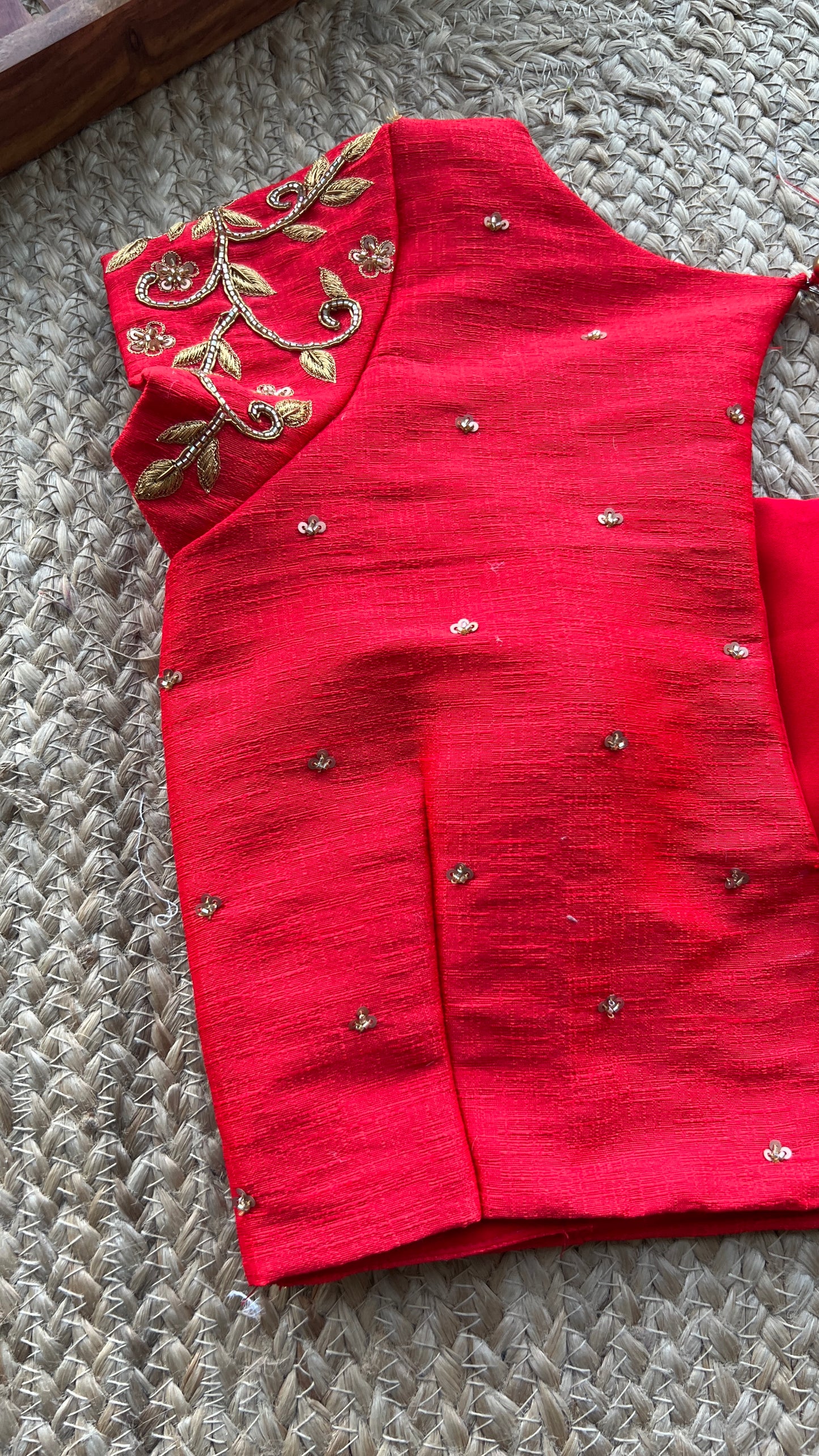 Red silk floral sleeves hand worked blouse