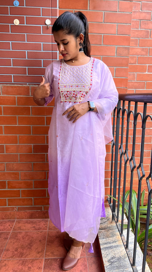 Lavender silk muslin embroidery hand worked 3 piece kurti set - Threads