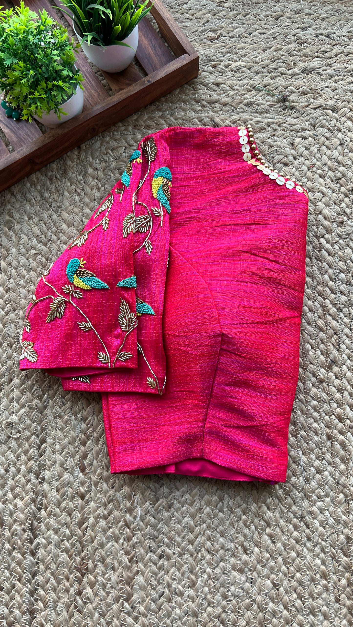 Pink silk bird hand worked blouse