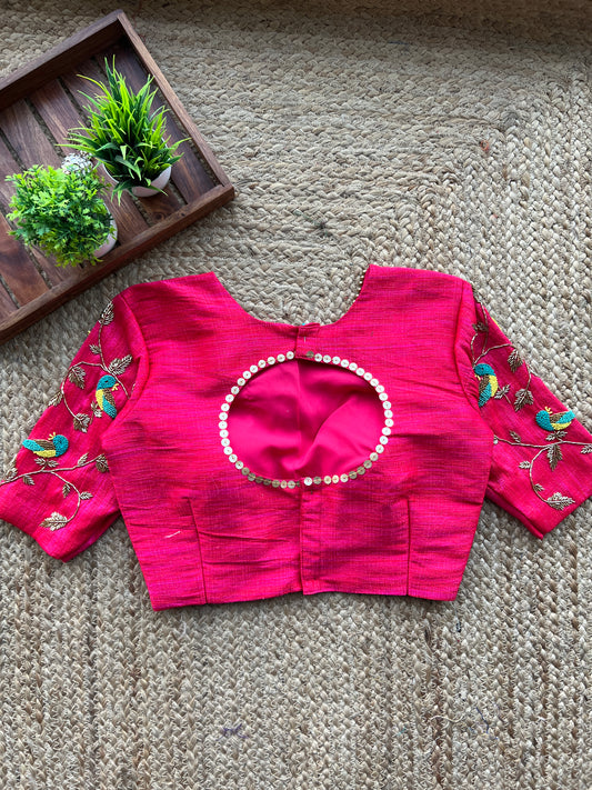 Pink silk bird hand worked blouse