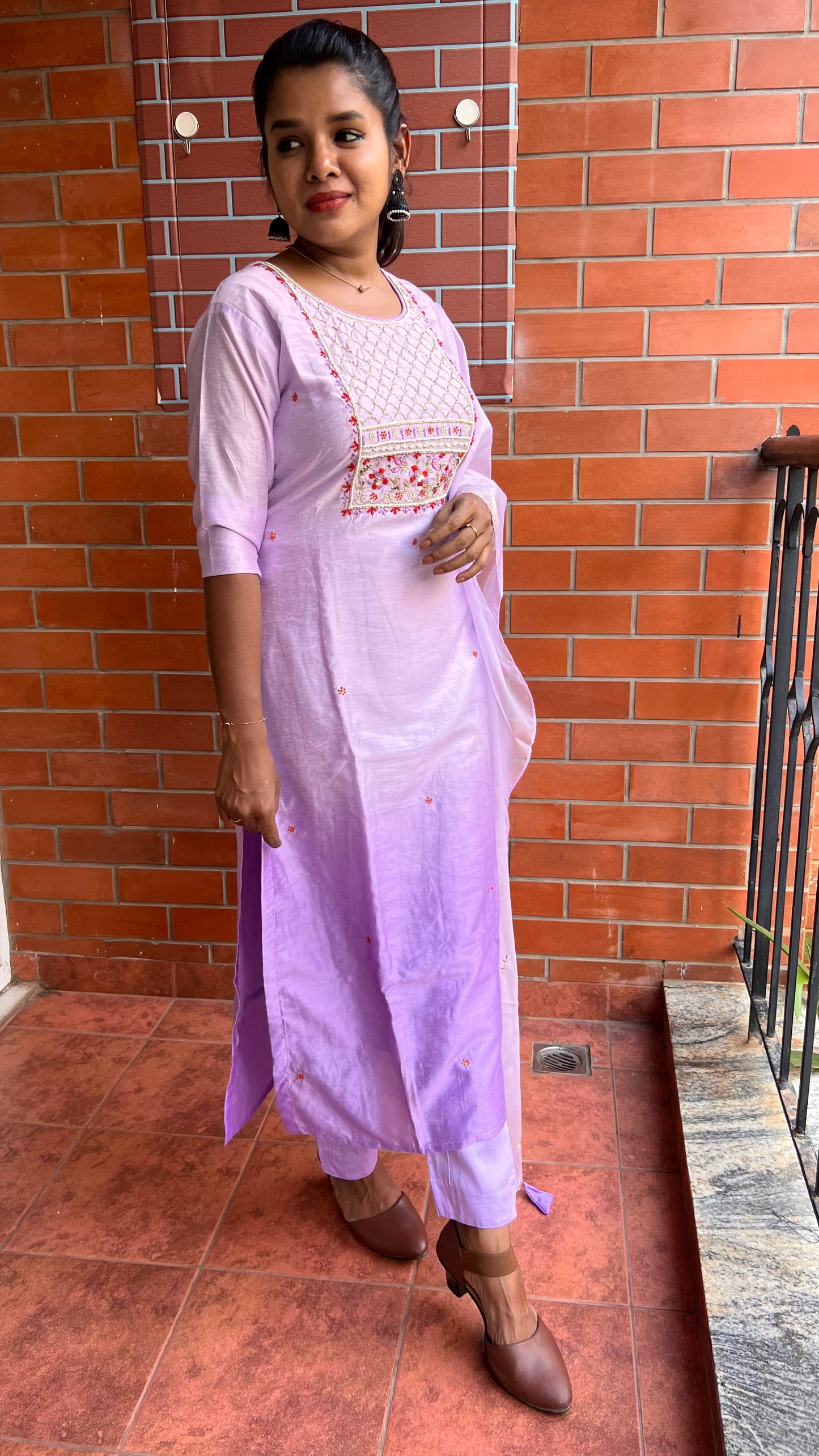 Lavender silk muslin embroidery hand worked 3 piece kurti set - Threads