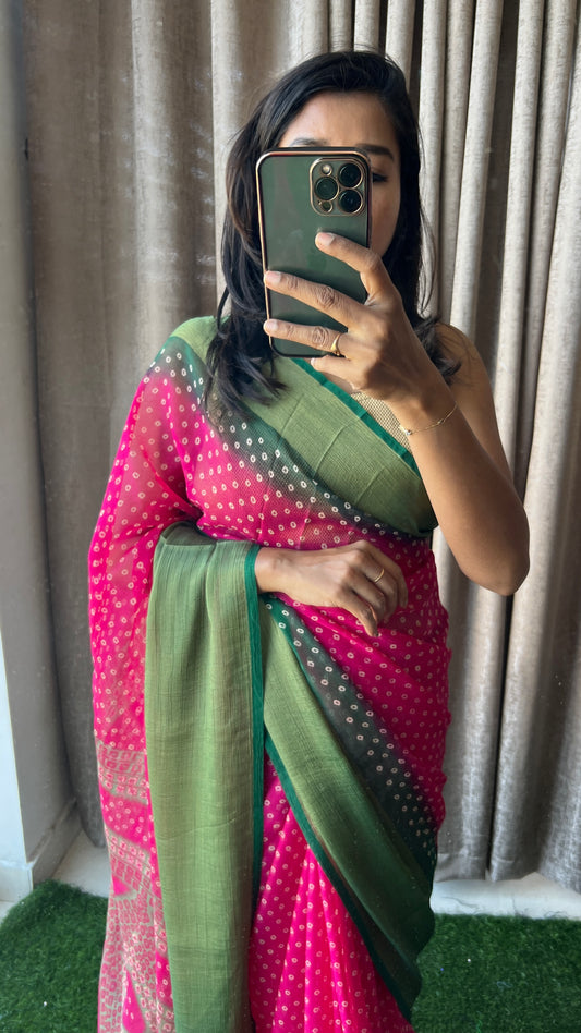 Pink and green casual saree with blouse