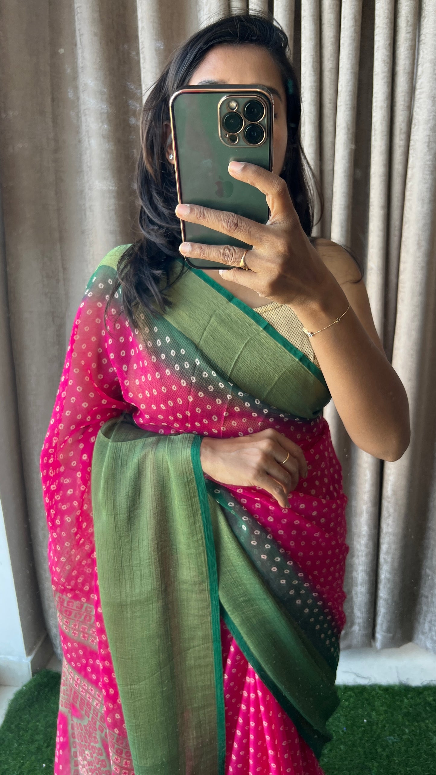 Pink and green casual saree with blouse