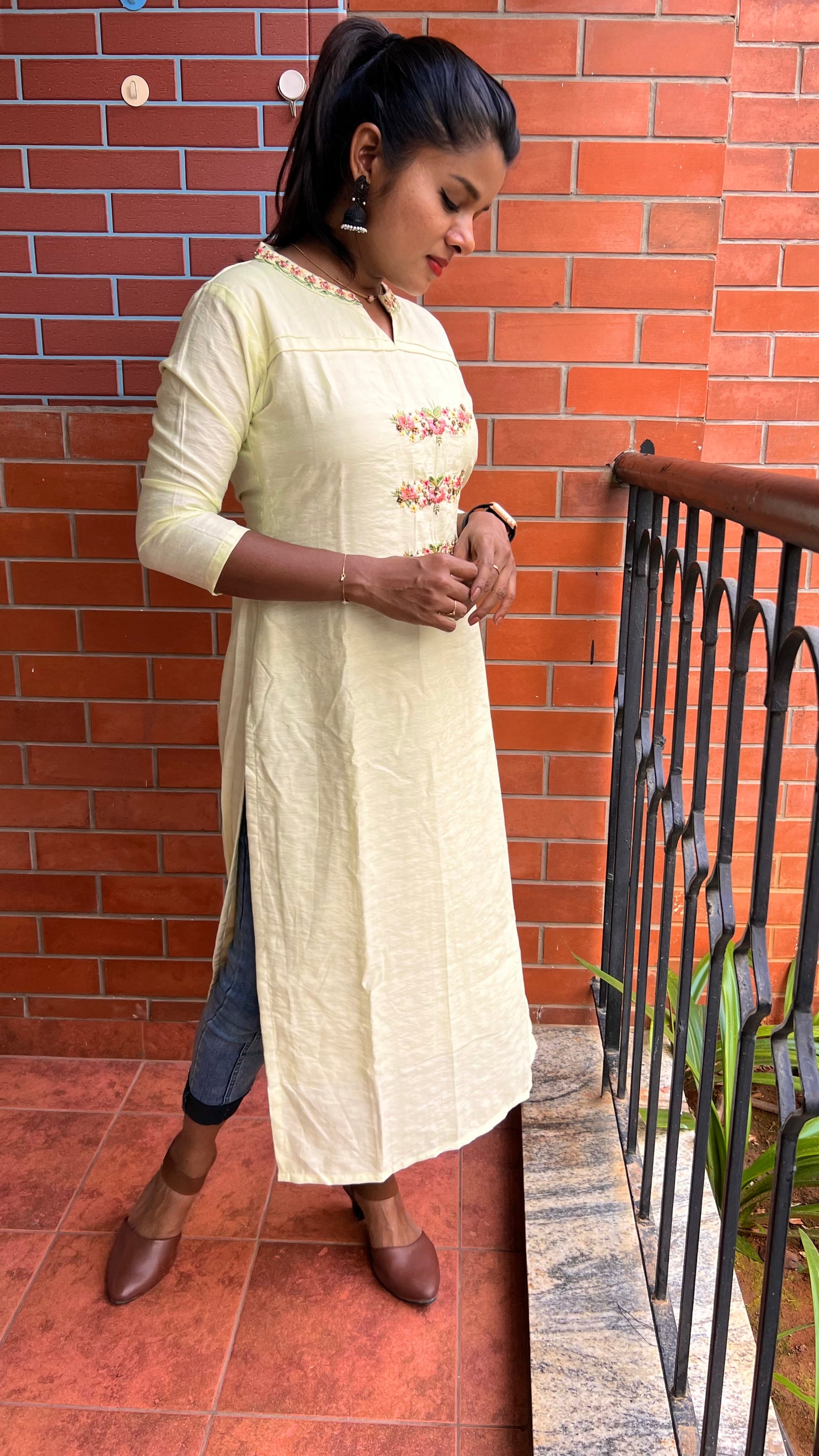 Cream white embroidery hand worked kurti top - Threads