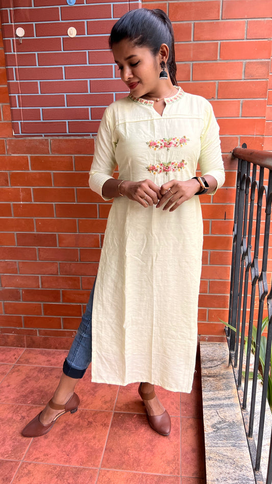 Cream white embroidery hand worked kurti top - Threads