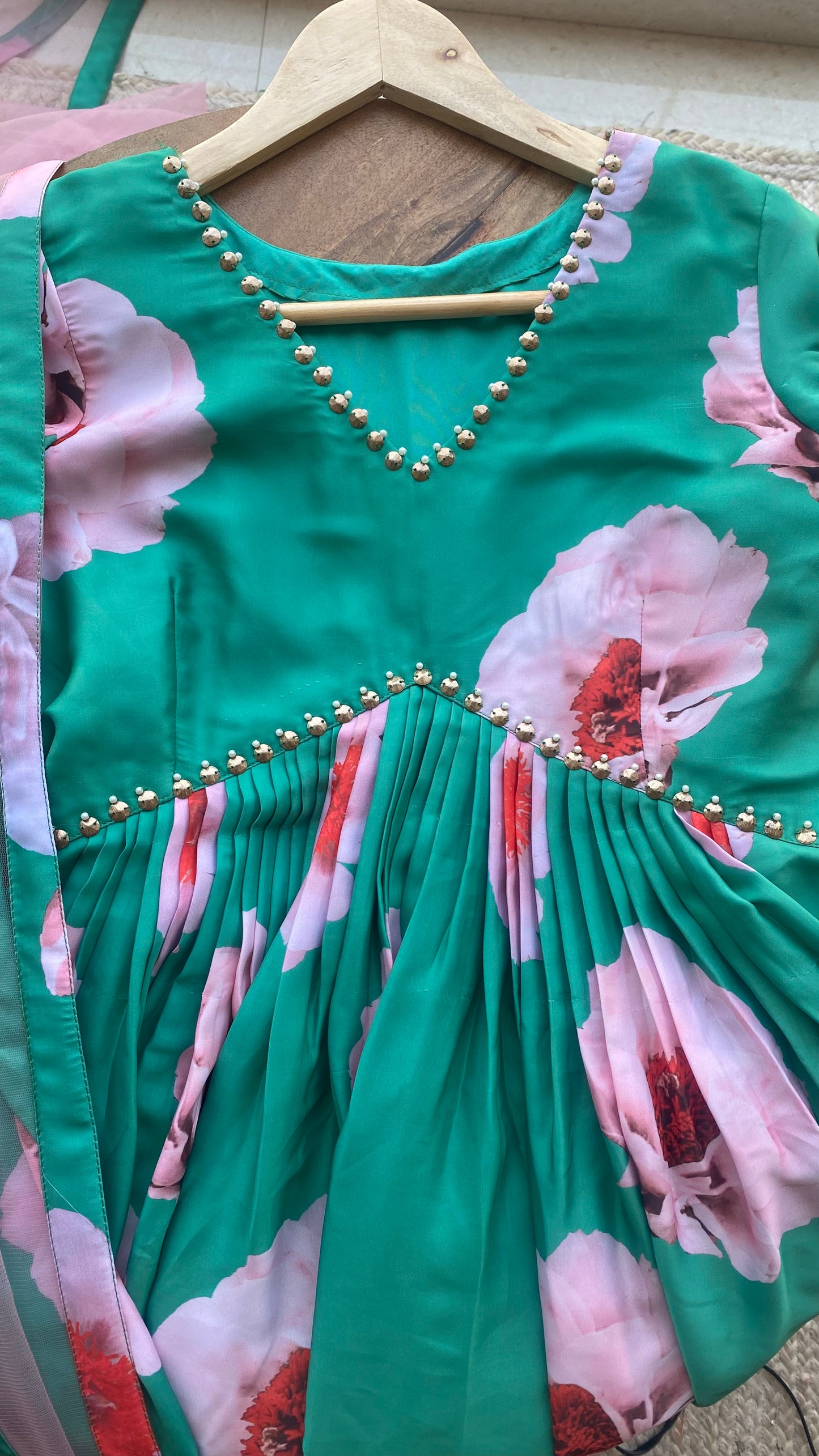 Sea green salwar suit of hand worked top and Duppata