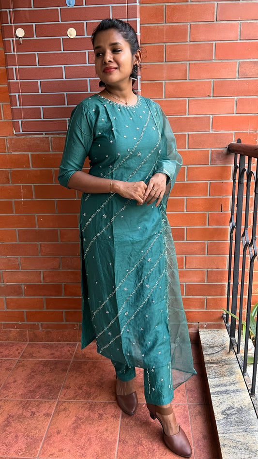 Light green silk embroidery hand worked 3 piece kurti set - Threads