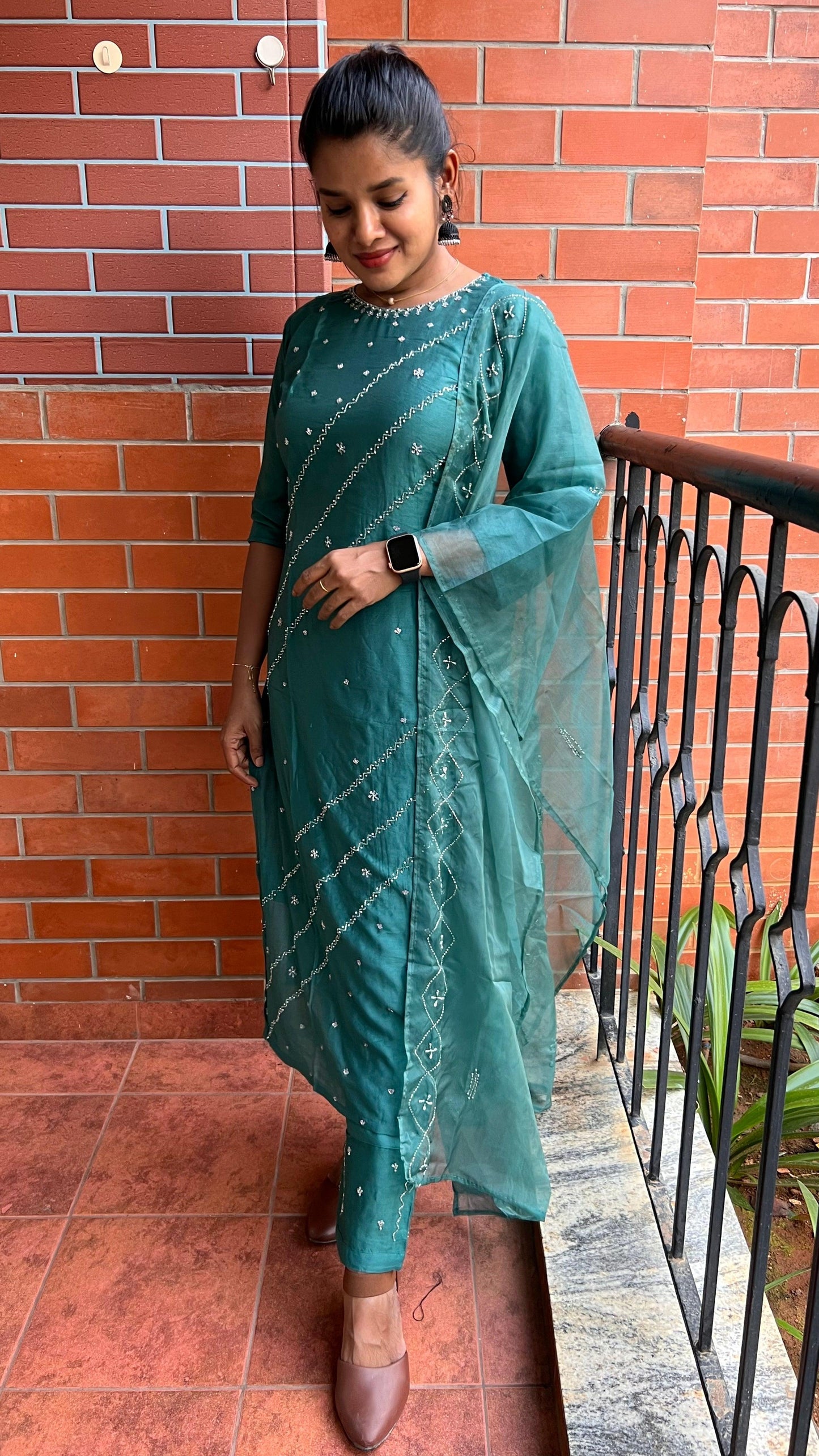 Light green silk embroidery hand worked 3 piece kurti set - Threads