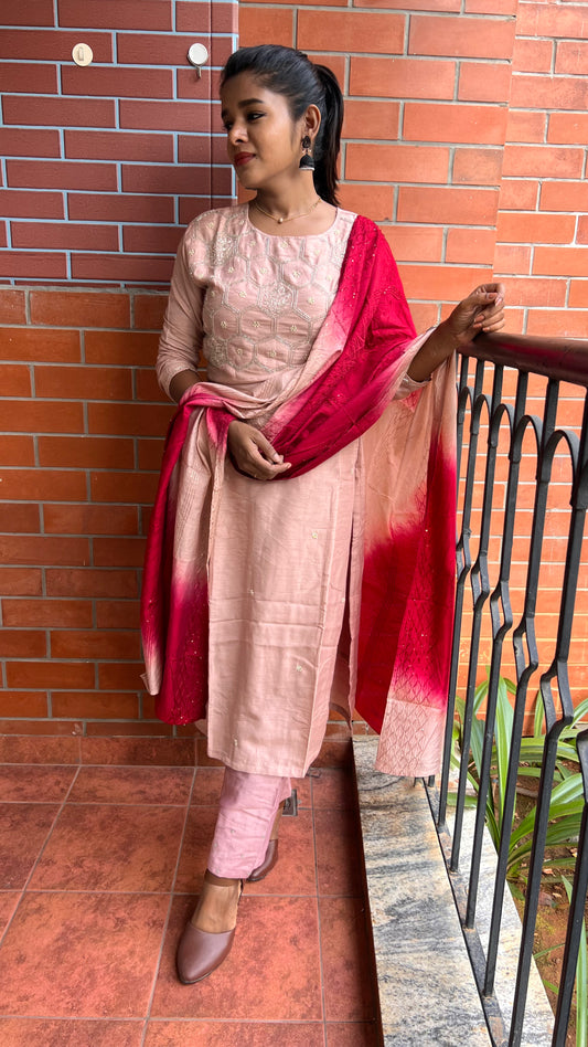 Peach and maroon embroidery hand worked 3 piece kurti set - Threads