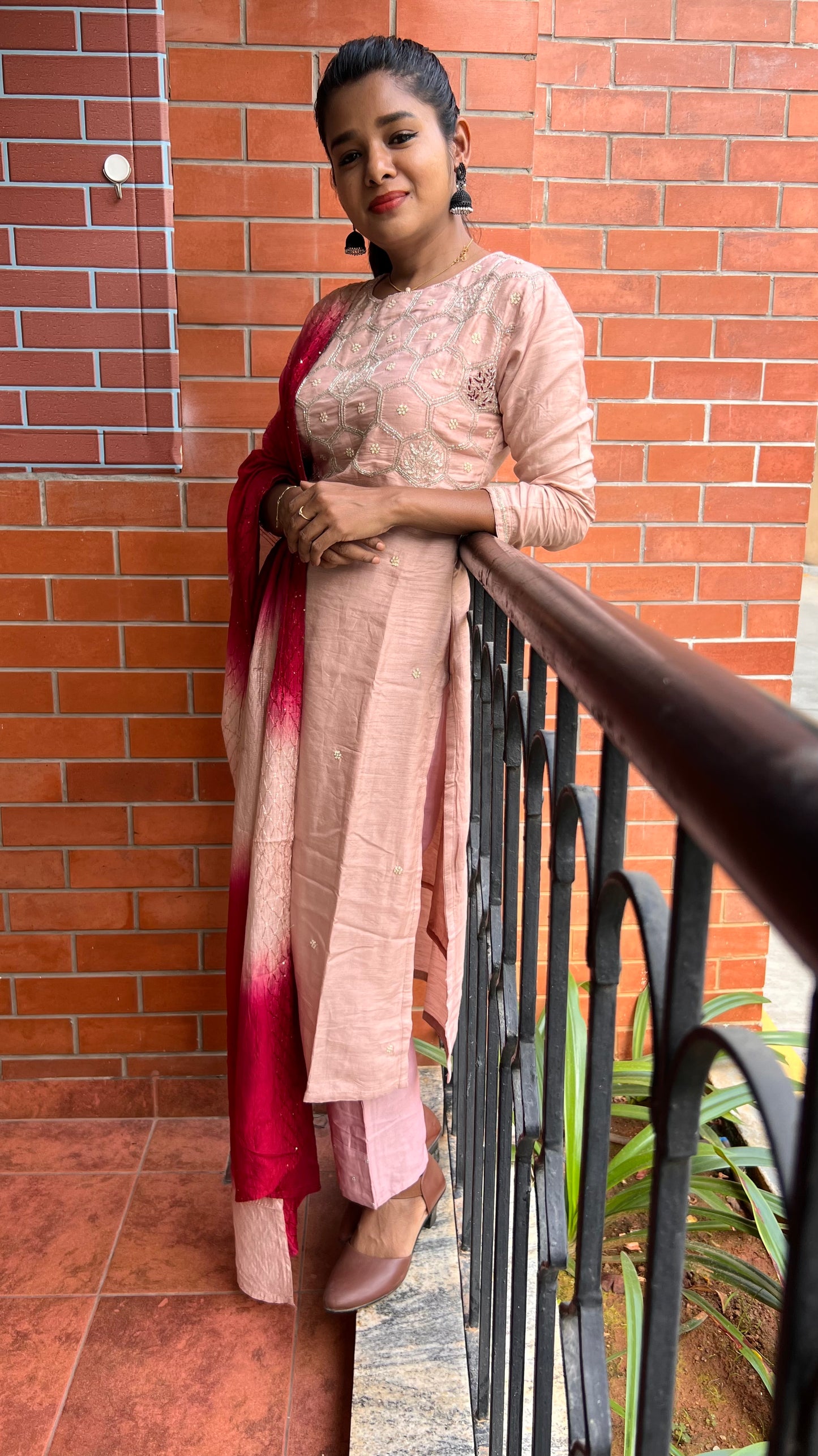 Peach and maroon embroidery hand worked 3 piece kurti set - Threads