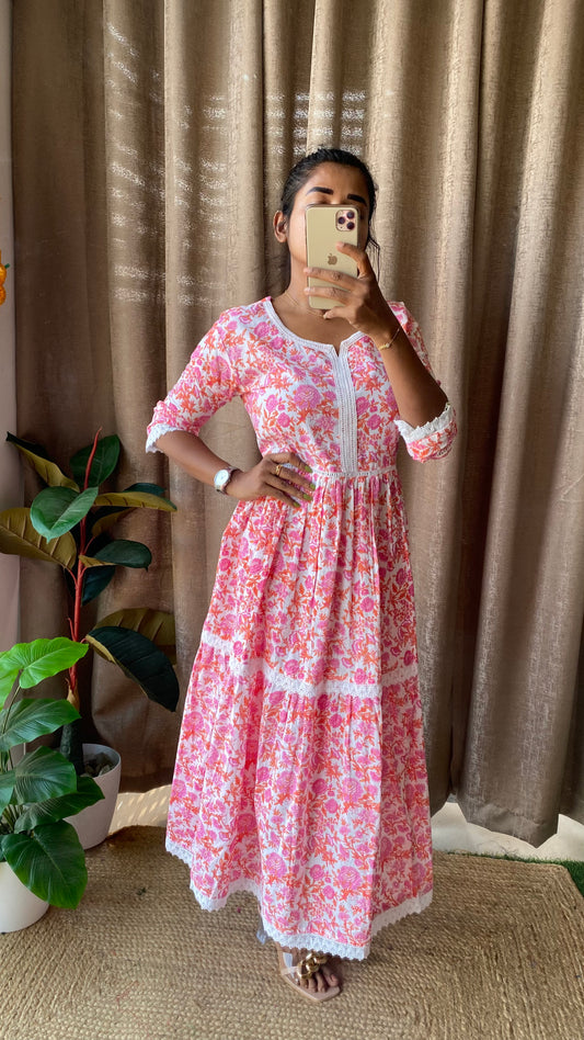 Pink floral Cotton printed 3 layered kurti maxi dress