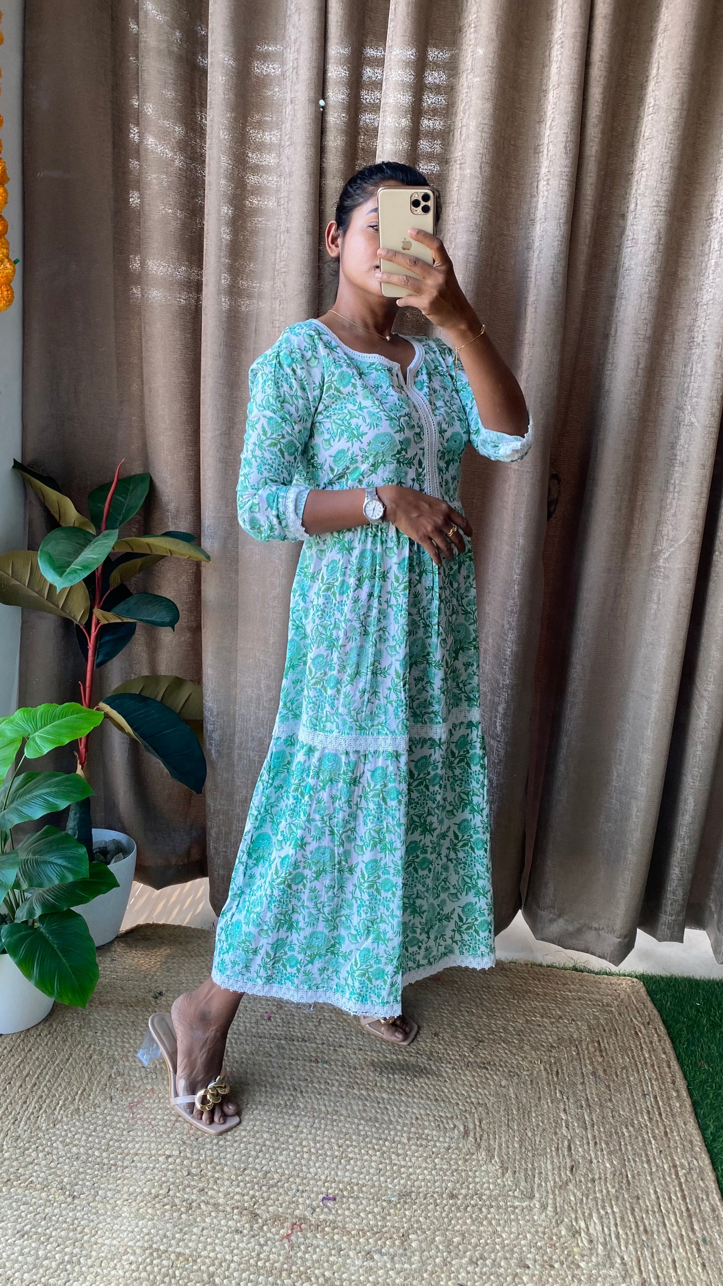 Green floral Cotton printed 3 layered kurti maxi dress