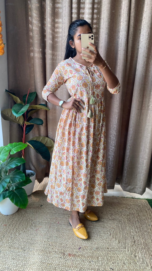 Cream floral Cotton printed kurti maxi dress