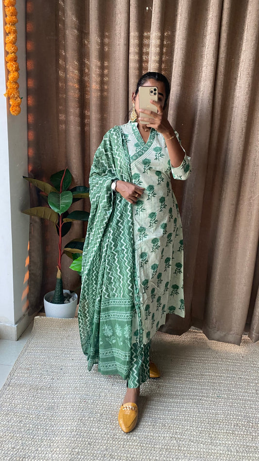 Green and white cotton embroidery 3 piece kurti set