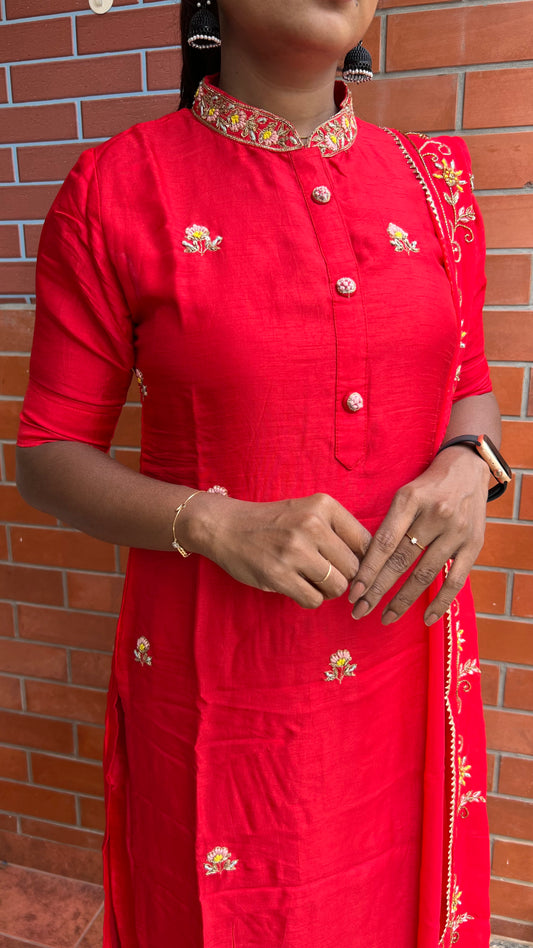 Red muslin silk embroidery hand worked 3 piece kurti set - Threads