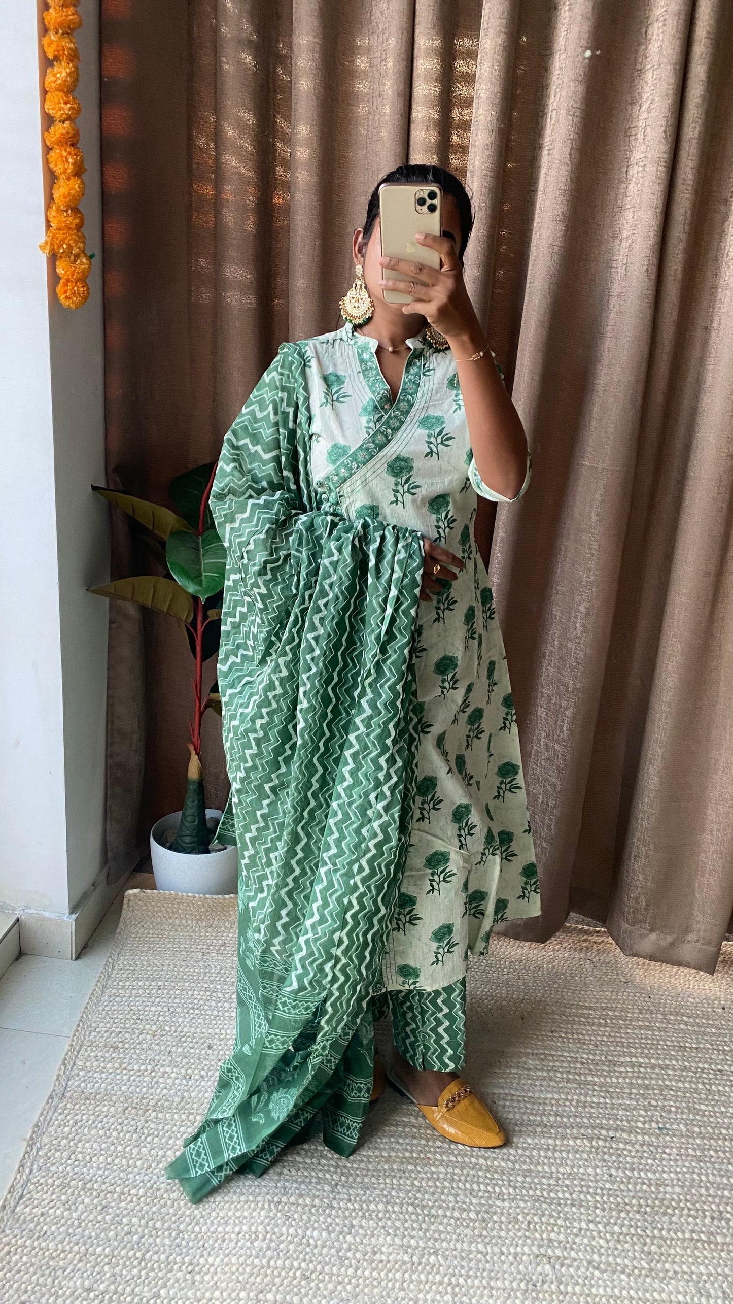 Green and white cotton embroidery 3 piece kurti set