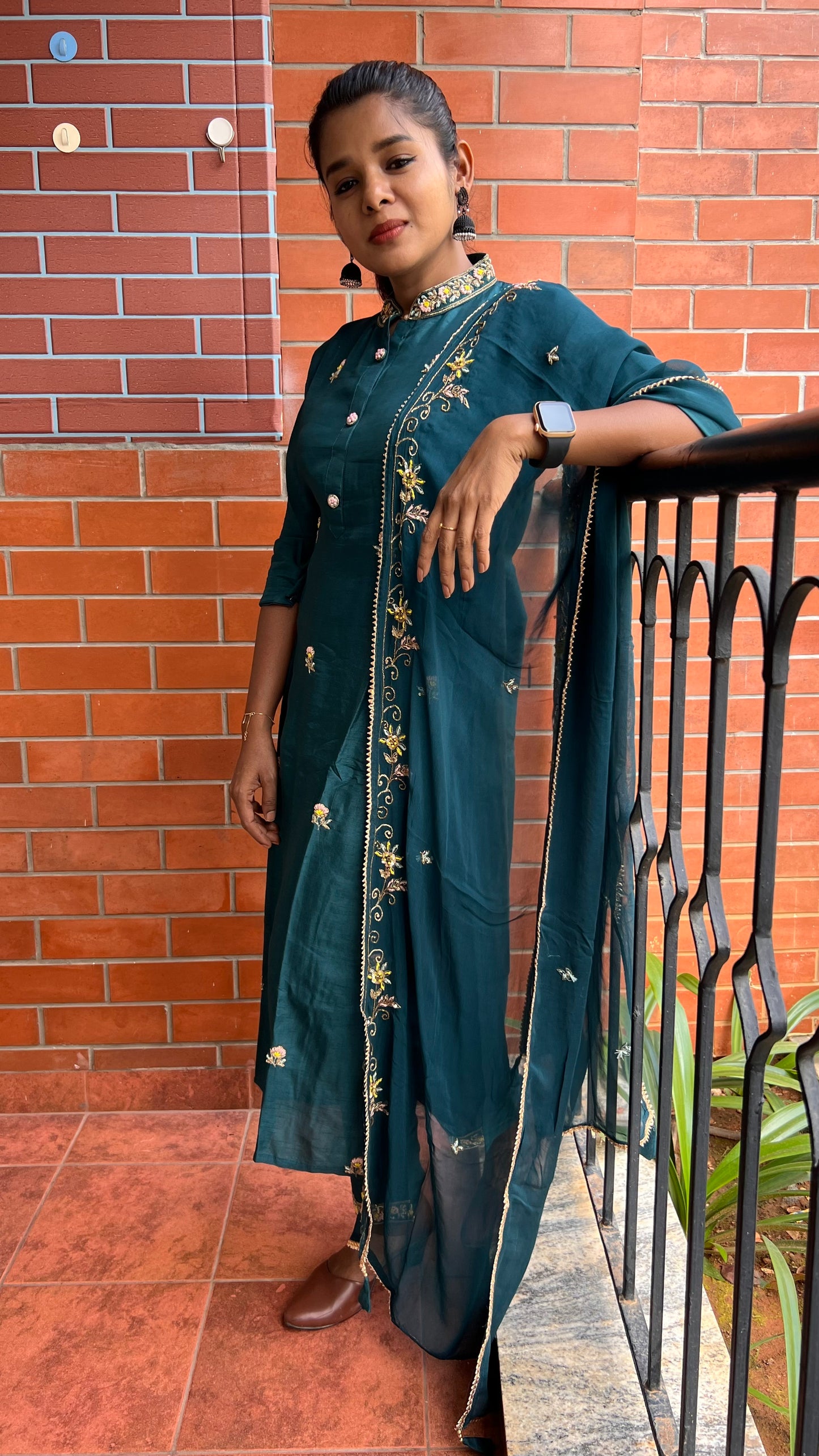 Bottle green muslin silk embroidery hand worked 3 piece kurti set - Threads