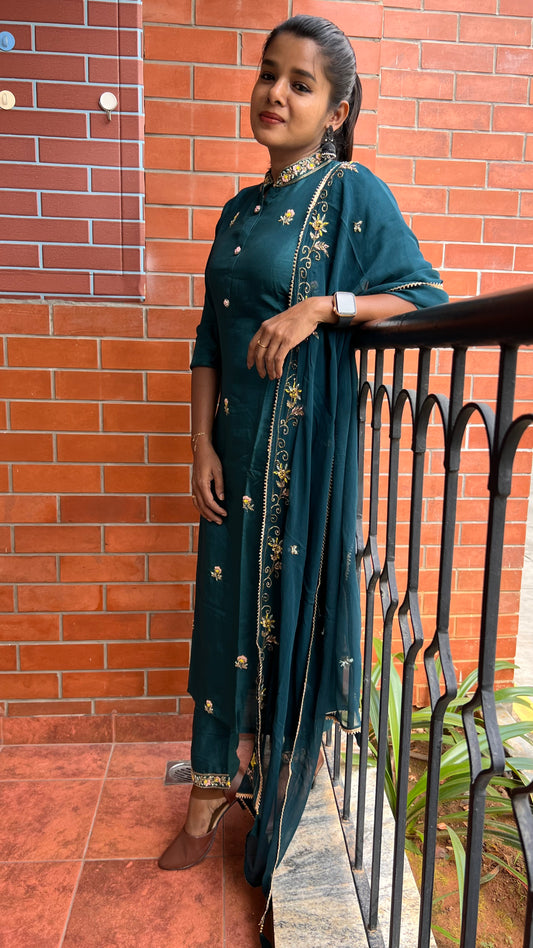 Bottle green muslin silk embroidery hand worked 3 piece kurti set - Threads