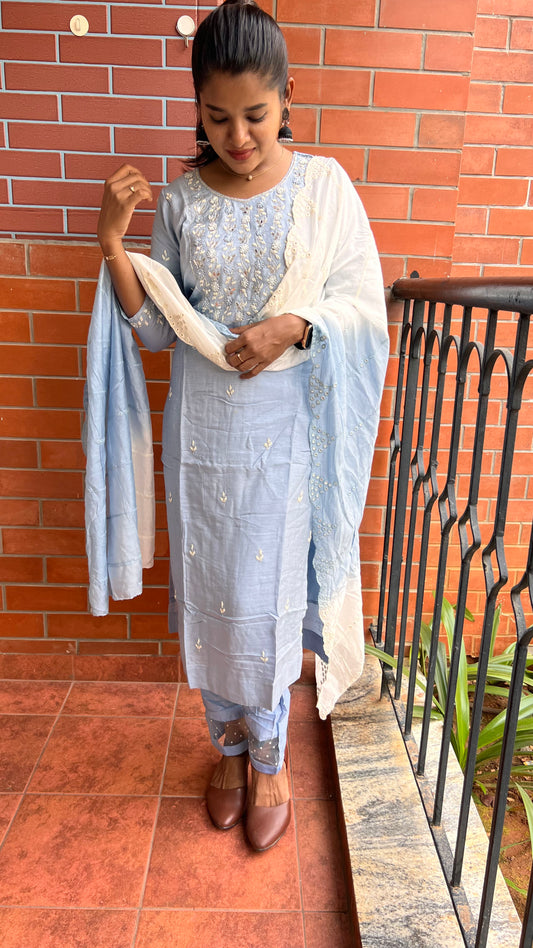 Grey silk mirror embroidery hand worked 3 piece kurti set - Threads