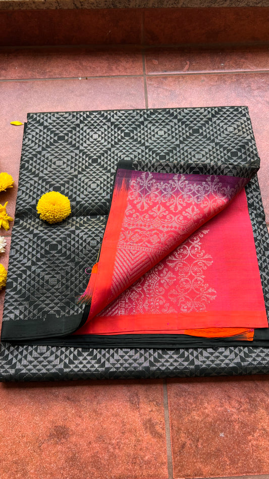 Black and orange matrix kanchipuram silk saree with blouse - Threads