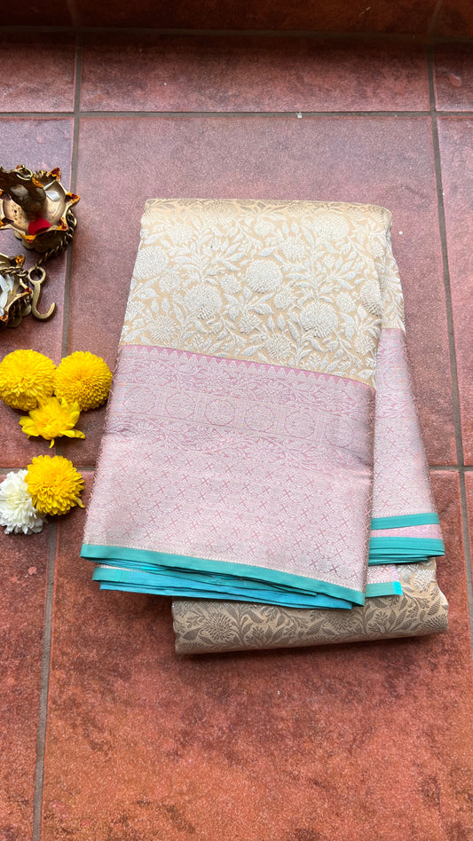 Silver Cream and light Pink kanchipuram silk saree with blouse - Threads