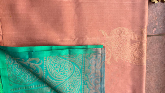 Peacock biscuit and electric blue kanchipuram silk saree with blouse - Threads