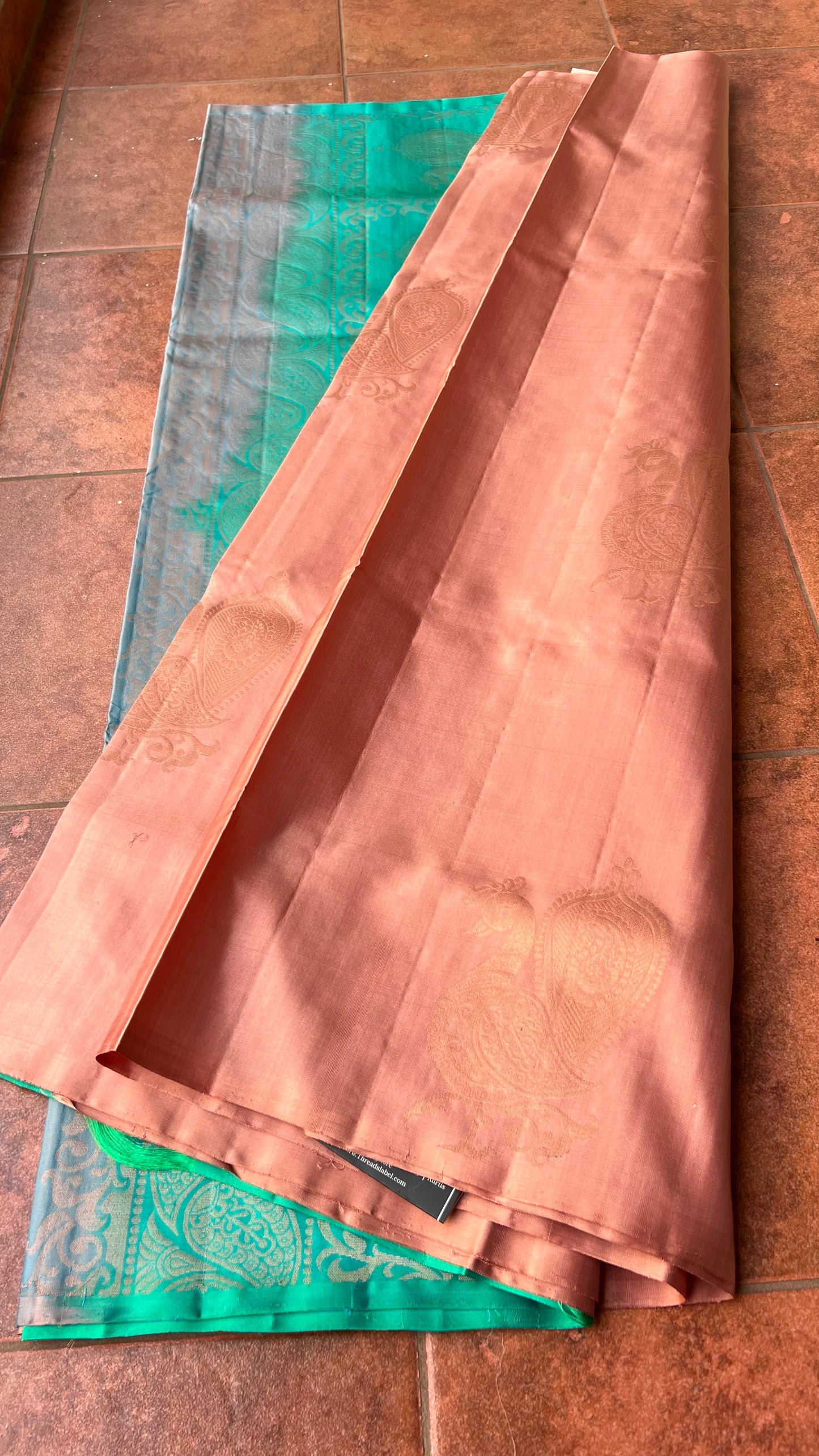 Peacock biscuit and electric blue kanchipuram silk saree with blouse - Threads