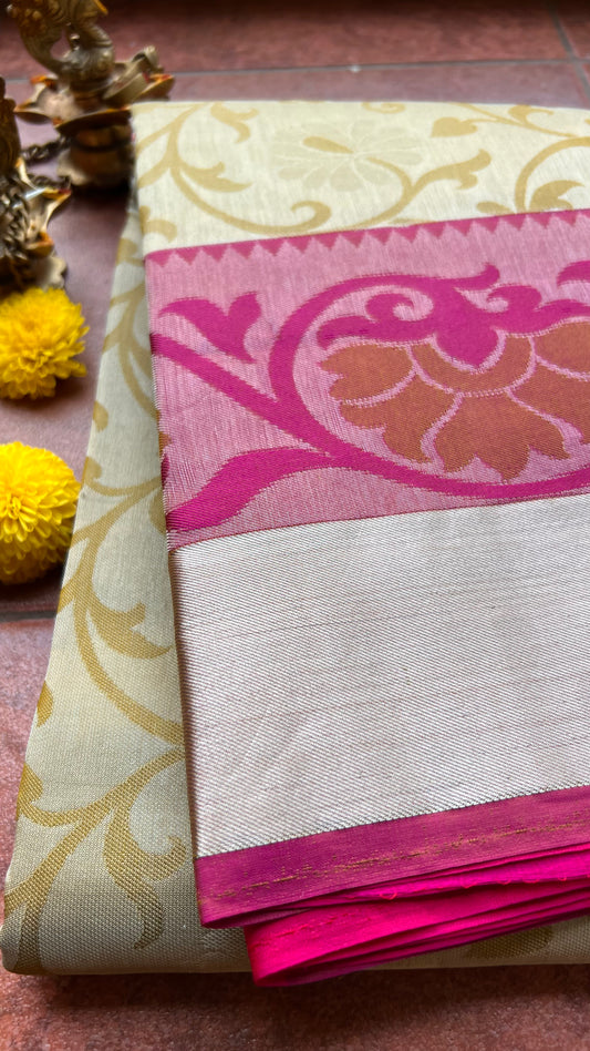 Cream and Pink kanchipuram silk saree with blouse - Threads