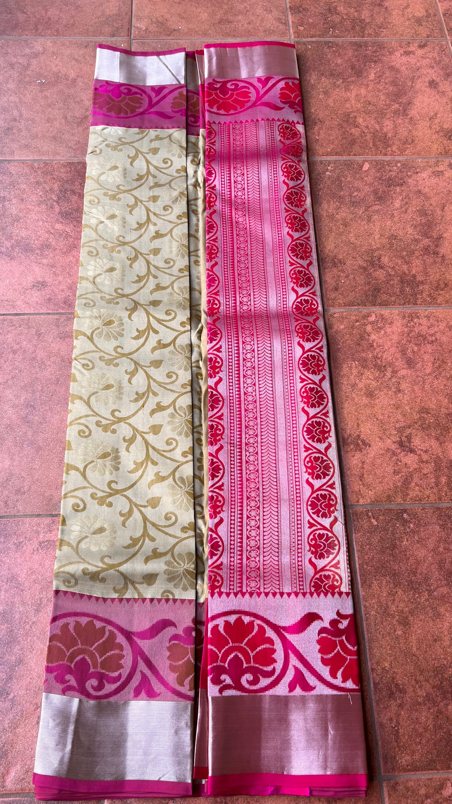 Cream and Pink kanchipuram silk saree with blouse - Threads