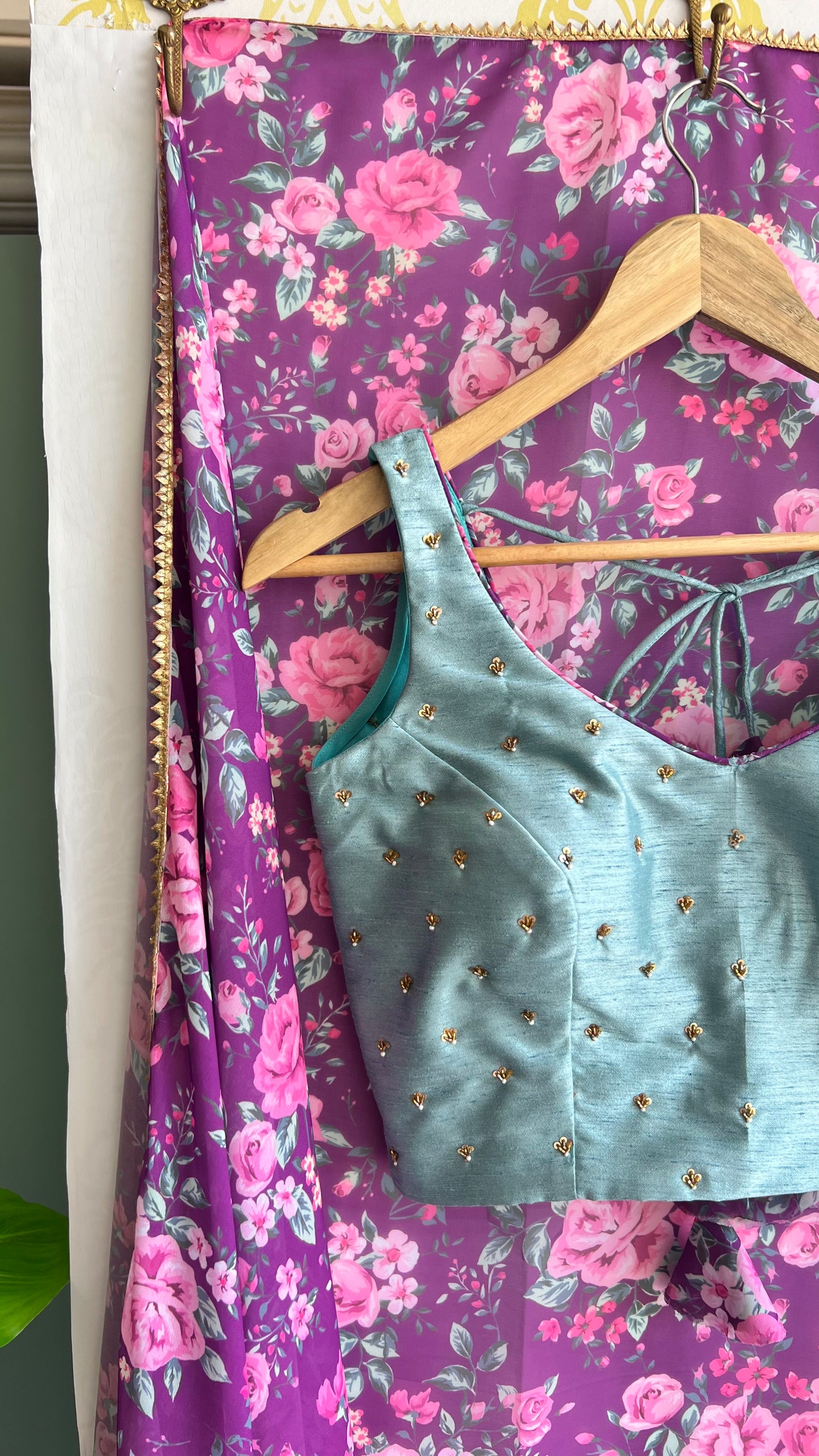 Purple floral georgette saree with hand worked blouse