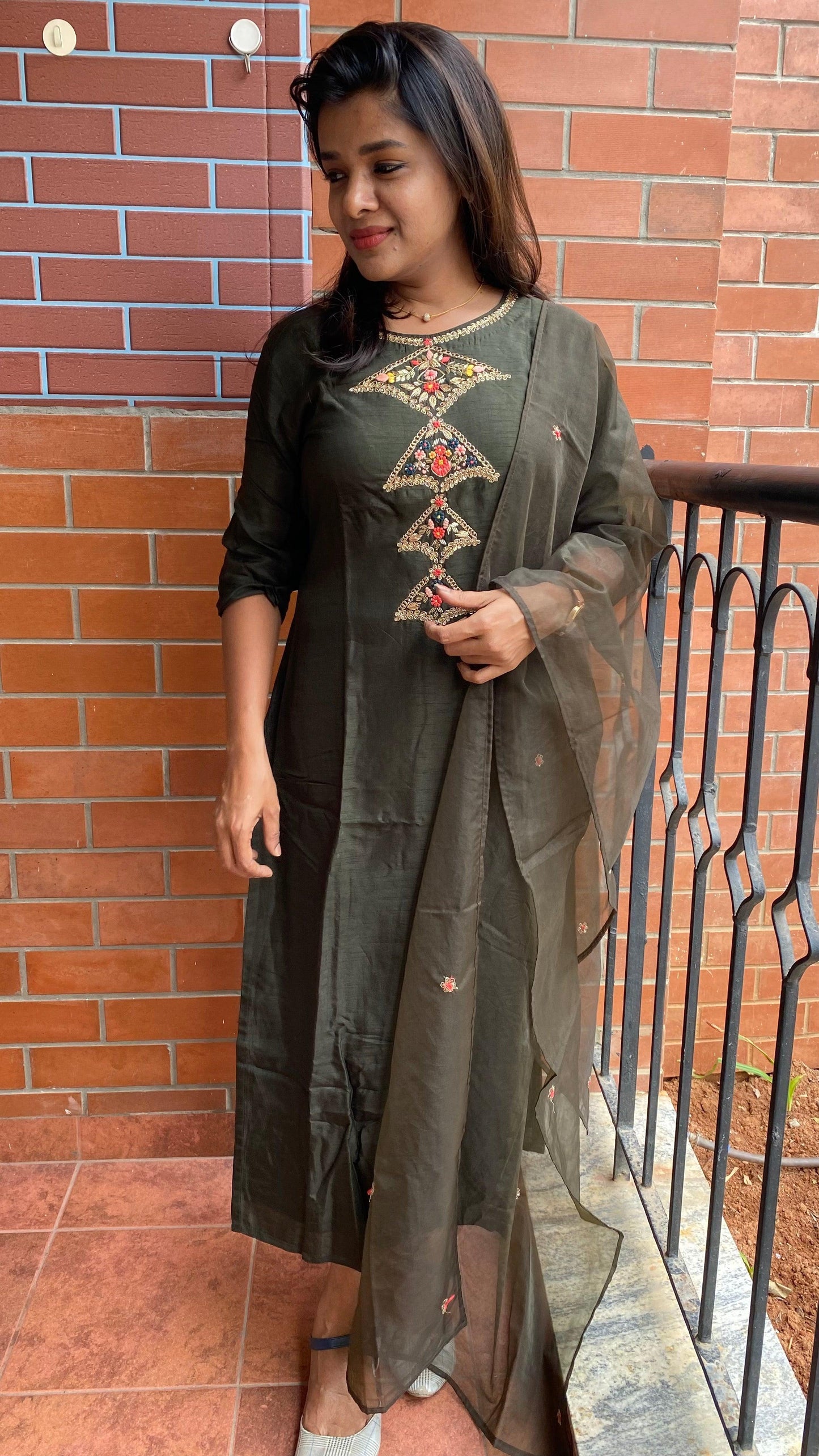 Bottle Green Heavy worked kurti top and duppata - Threads