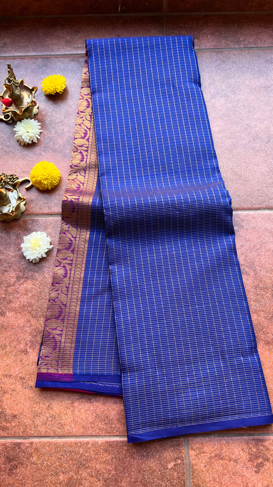 Blue checked kanjivaram silk saree with blouse - Threads