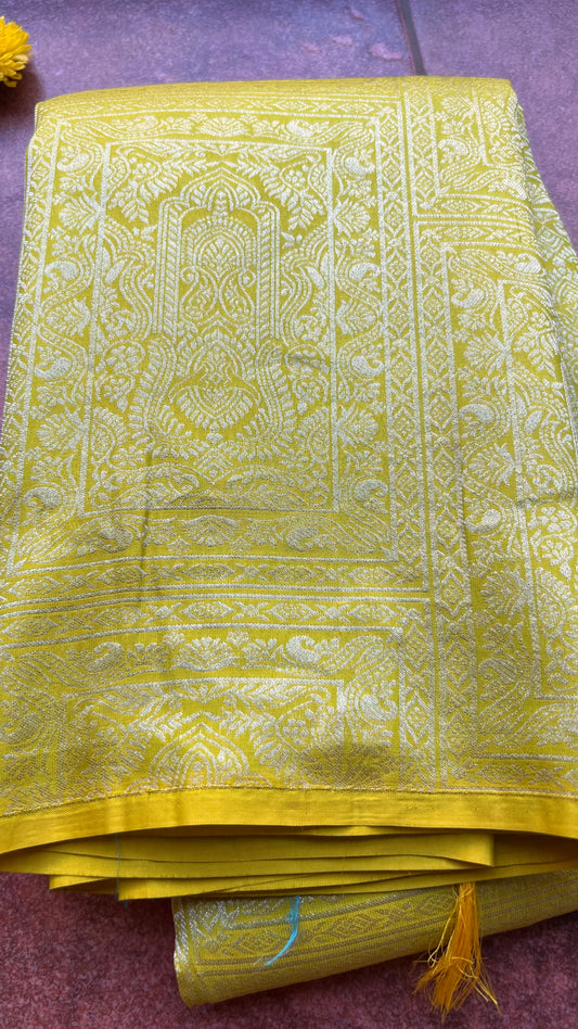 Lime silver kanjivaram silk saree with blouse - Threads