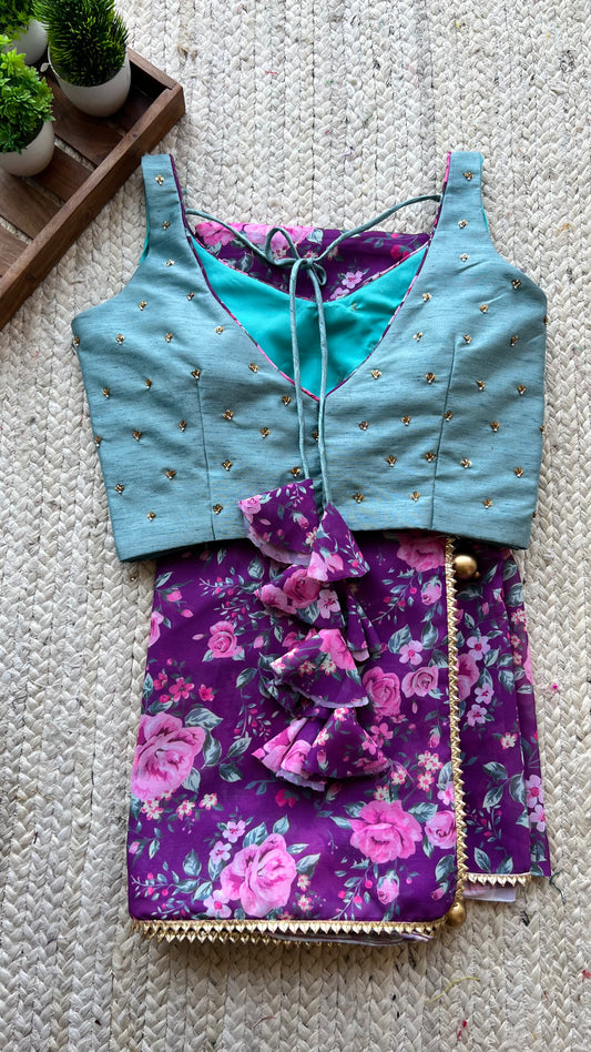 Purple floral georgette saree with hand worked blouse