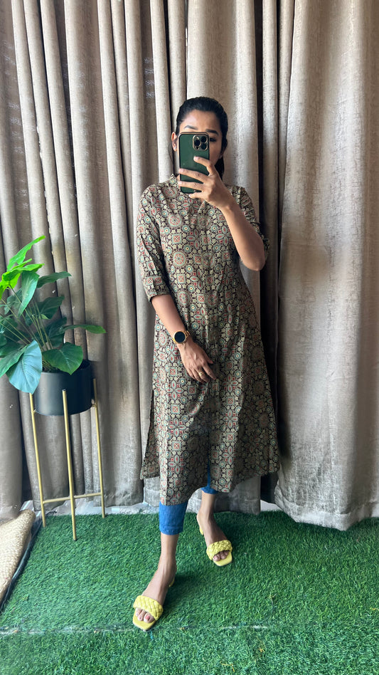 Brown ajrak printed silk cotton kurti top