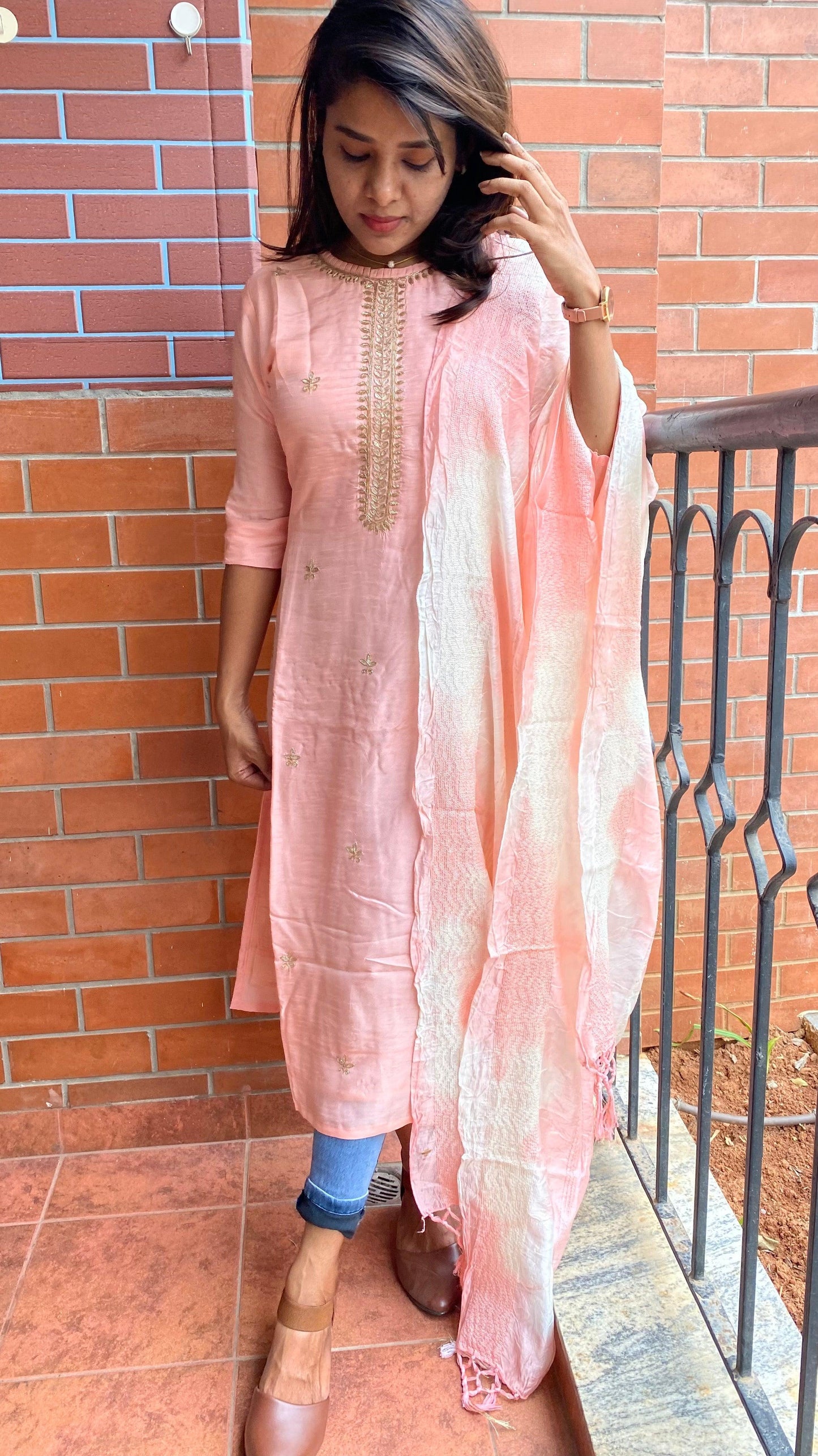 Power pink silk embroidery kurti 2 piece set - Threads