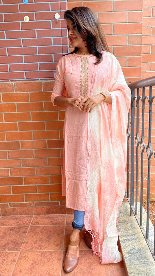 Power pink silk embroidery kurti 2 piece set - Threads