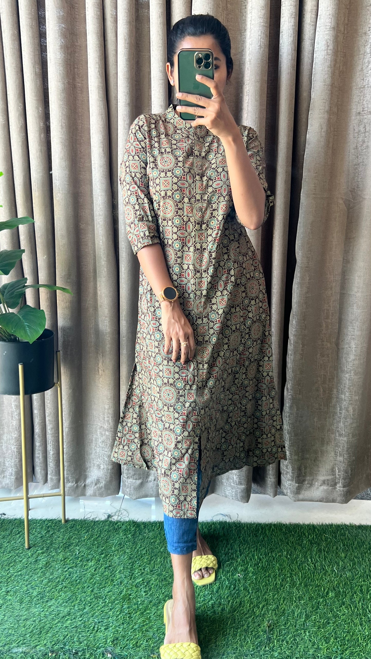 Brown ajrak printed silk cotton kurti top